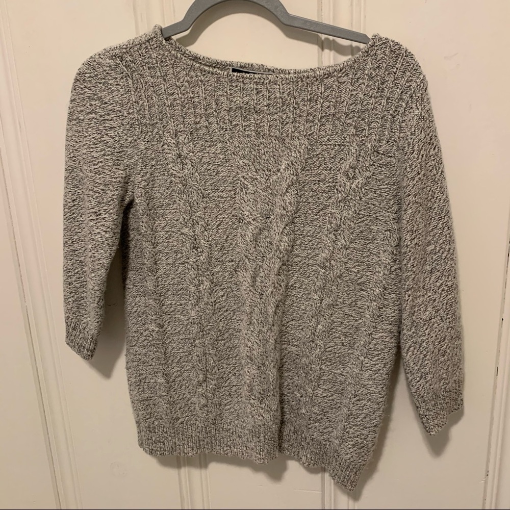 Karen Scott Grey White Marled Cable Knit Boatneck 3/4 Sleeve Sweater Size Small